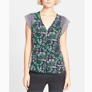 Veronica Beard Willow Silk cap sleeve shirt top Floral V Neck Black Green Sz 2